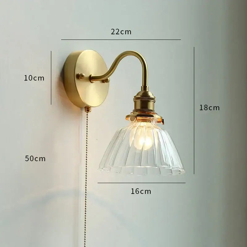 Brass glass copper led wall sconce for bedroom mirror with pull chain