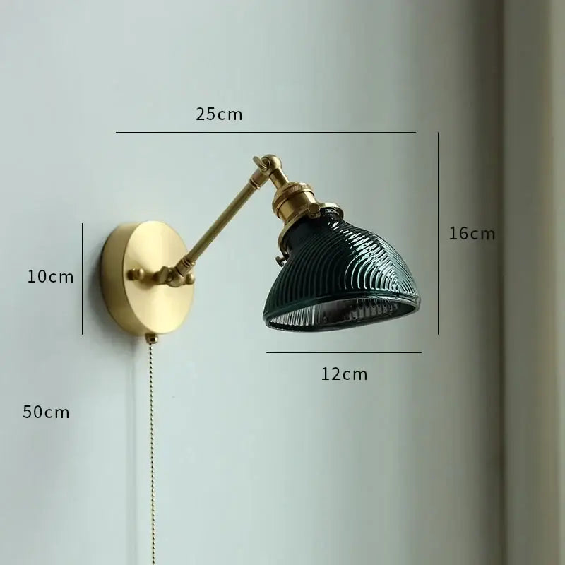 Brass glass copper led wall sconce for bedroom mirror with pull chain
