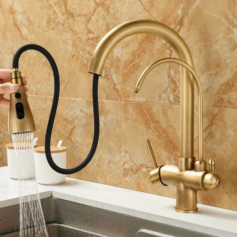 Brass kitchen faucet with pull down black hose and water filter tap