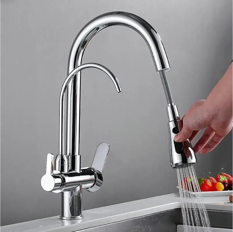 Brass kitchen faucet with pull down black hose and water filter tap