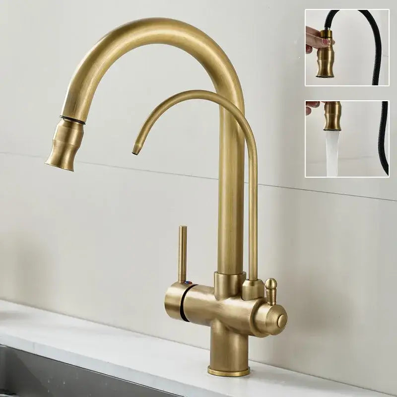 Brass kitchen faucet with pull down black hose and water filter tap