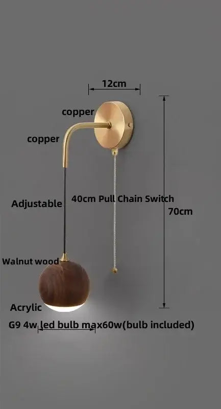 Brass led walnut wood wall lamp bedroom spherical sconce