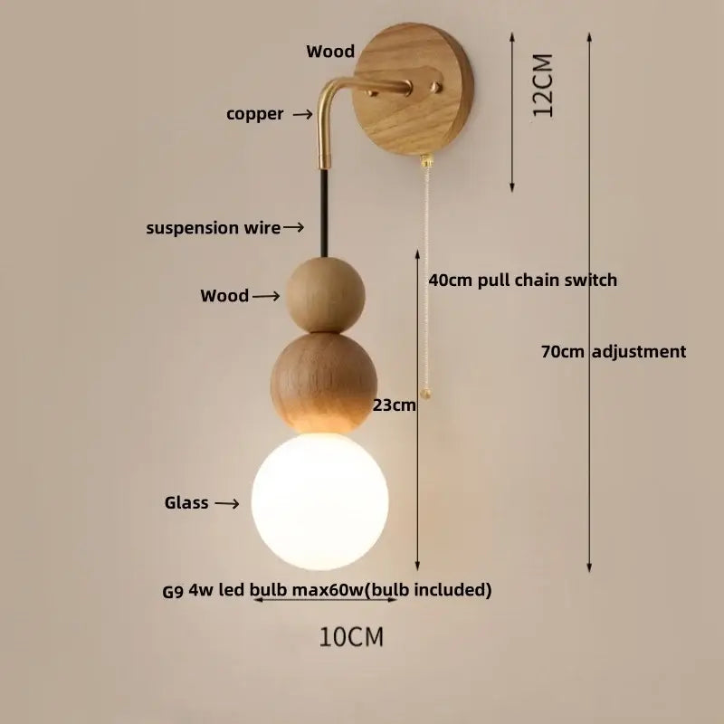 Brass led walnut wood wall lamp bedroom spherical sconce
