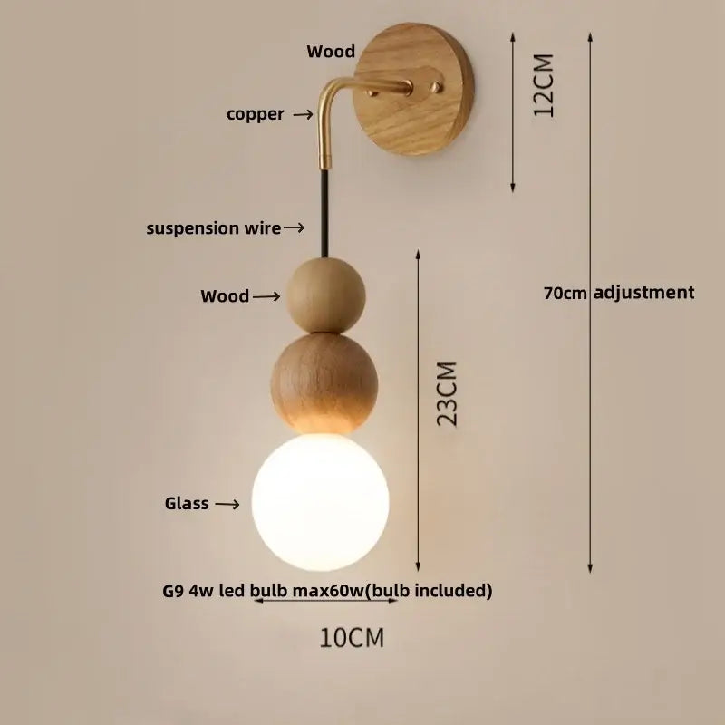 Brass led walnut wood wall lamp bedroom spherical sconce