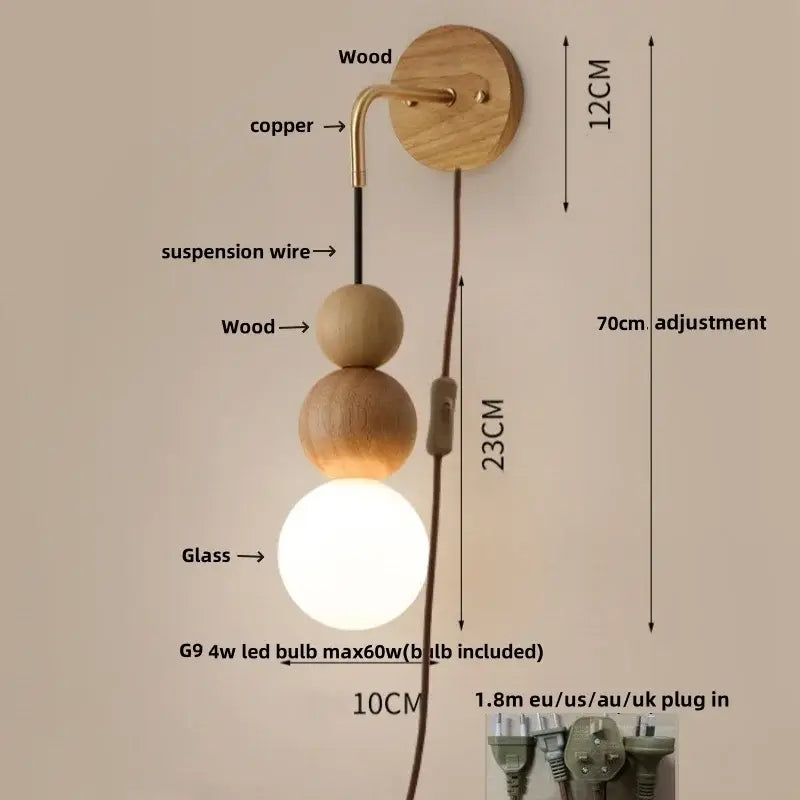 Brass led walnut wood wall lamp bedroom spherical sconce