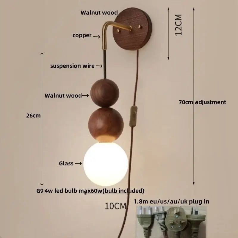 Brass led walnut wood wall lamp bedroom spherical sconce