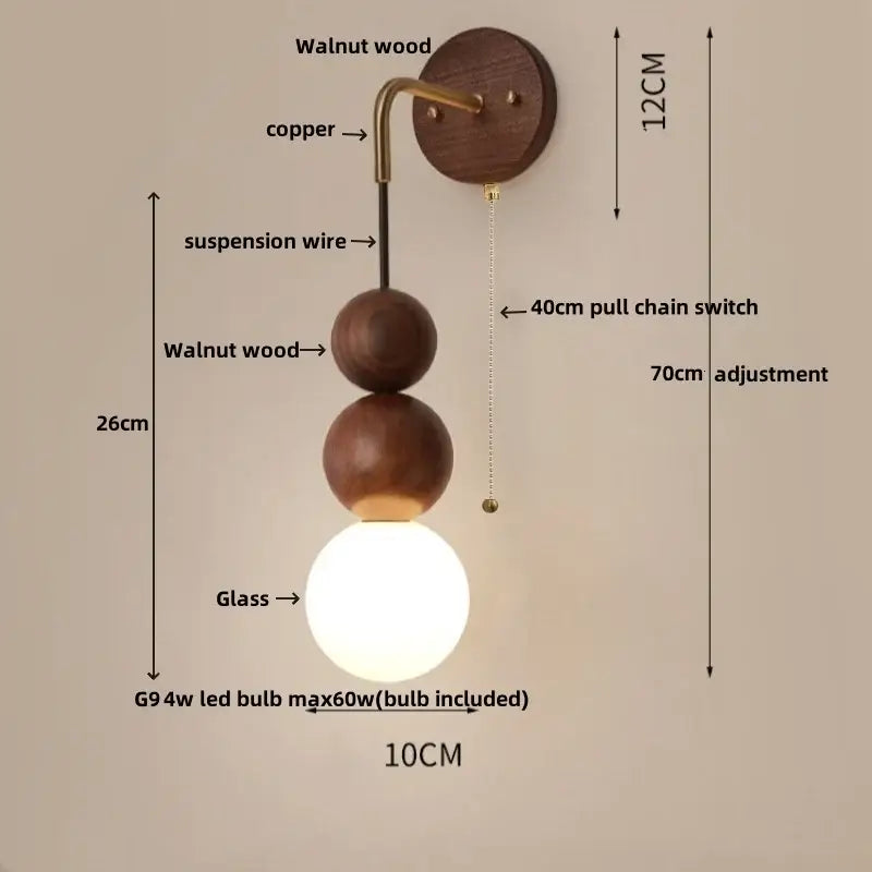 Brass led walnut wood wall lamp bedroom spherical sconce