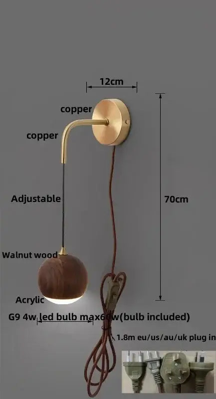 Brass led walnut wood wall lamp bedroom spherical sconce