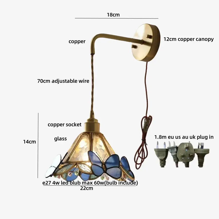 Brass orange butterfly stained glass wall light fixture bedroom sconce
