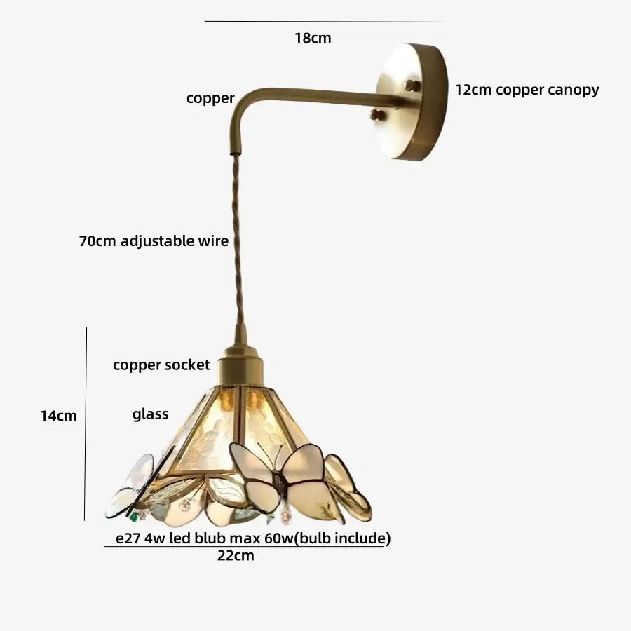 Brass orange butterfly stained glass wall light fixture bedroom sconce