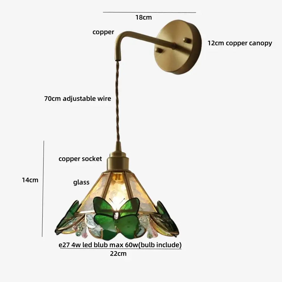 Brass orange butterfly stained glass wall light fixture bedroom sconce