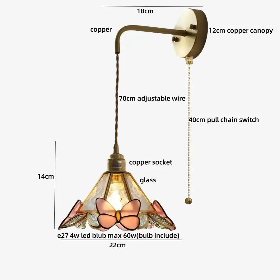 Brass orange butterfly stained glass wall light fixture bedroom sconce