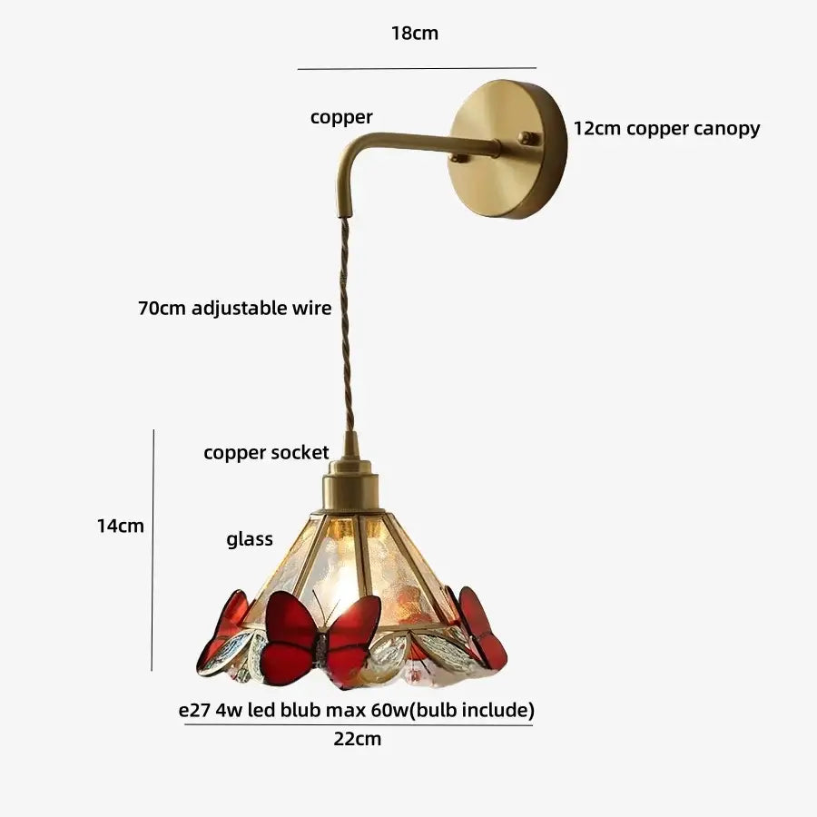 Brass orange butterfly stained glass wall light fixture bedroom sconce