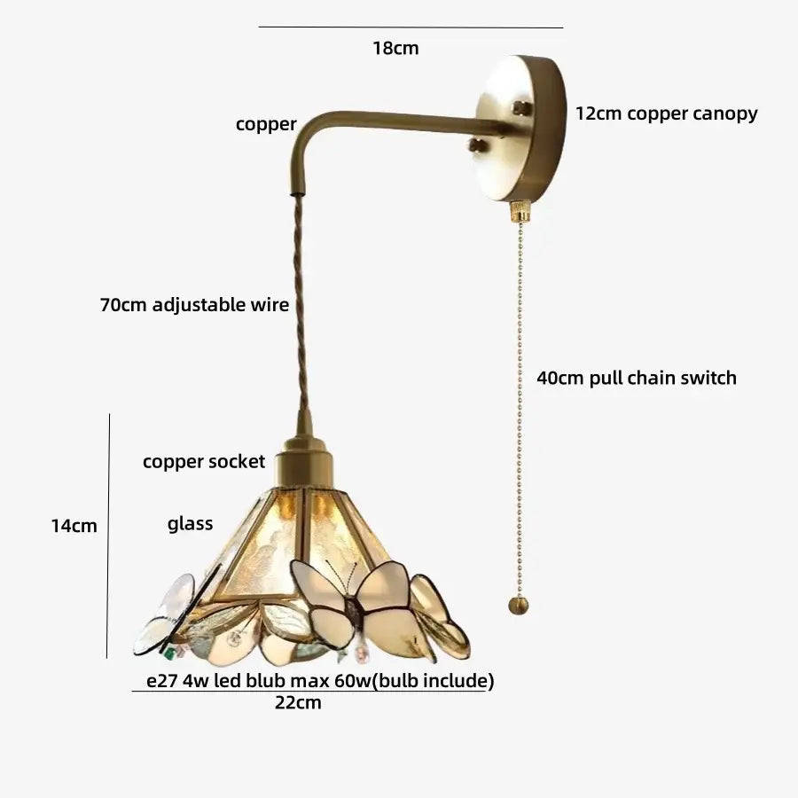 Brass orange butterfly stained glass wall light fixture bedroom sconce