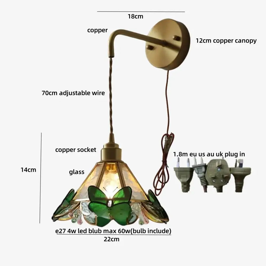 Brass orange butterfly stained glass wall light fixture bedroom sconce