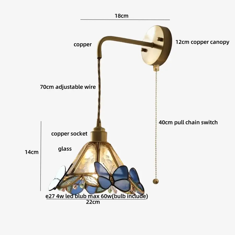 Brass orange butterfly stained glass wall light fixture bedroom sconce