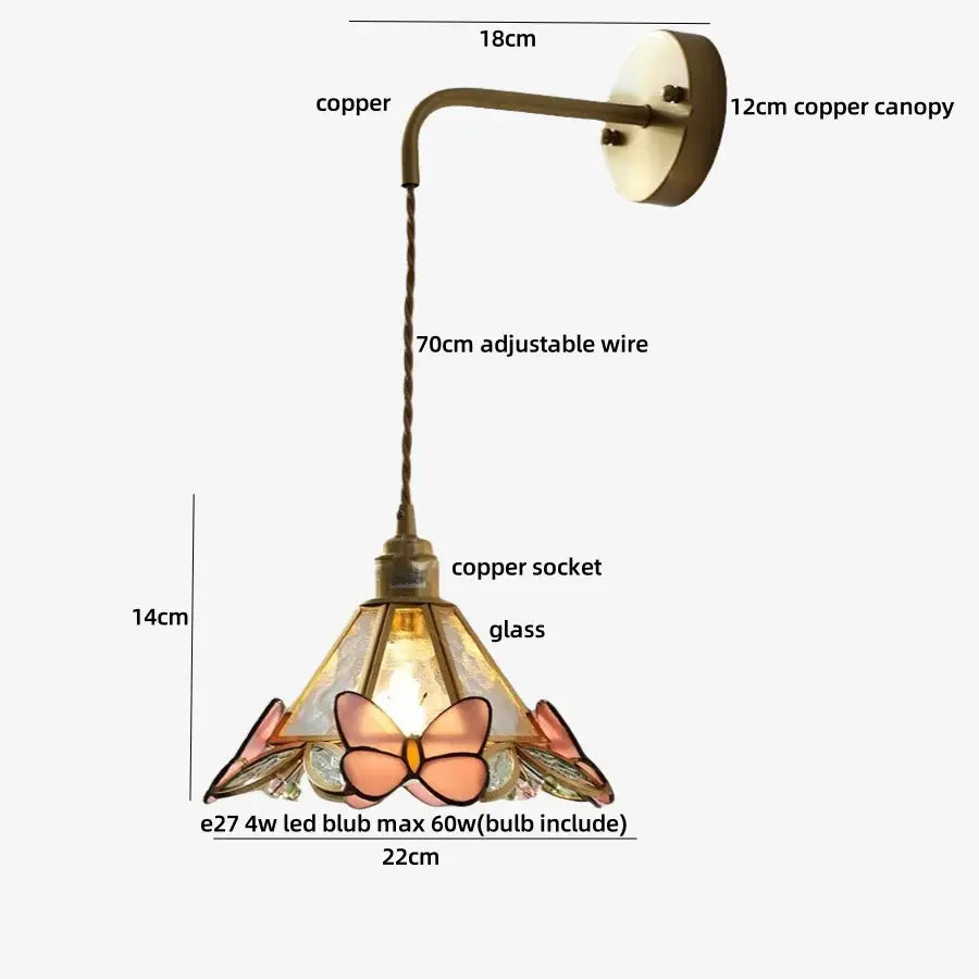 Brass orange butterfly stained glass wall light fixture bedroom sconce
