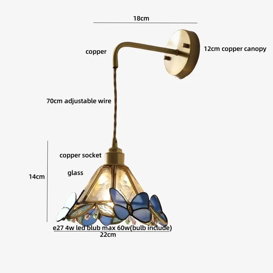 Brass orange butterfly stained glass wall light fixture bedroom sconce