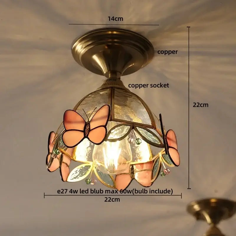 Brass red butterfly glass led ceiling light bedroom decor