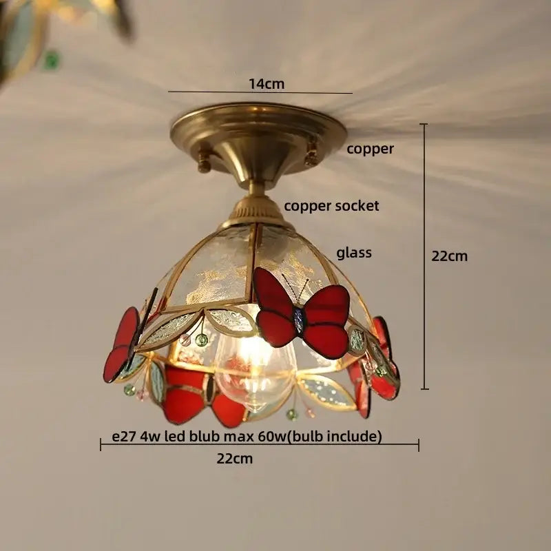 Brass red butterfly glass led ceiling light bedroom decor