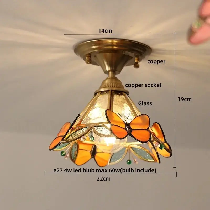 Brass red butterfly glass led ceiling light bedroom decor