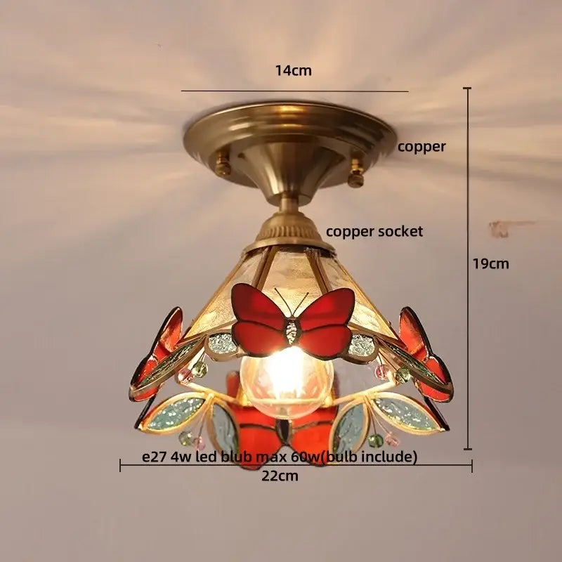 Brass red butterfly glass led ceiling light bedroom decor