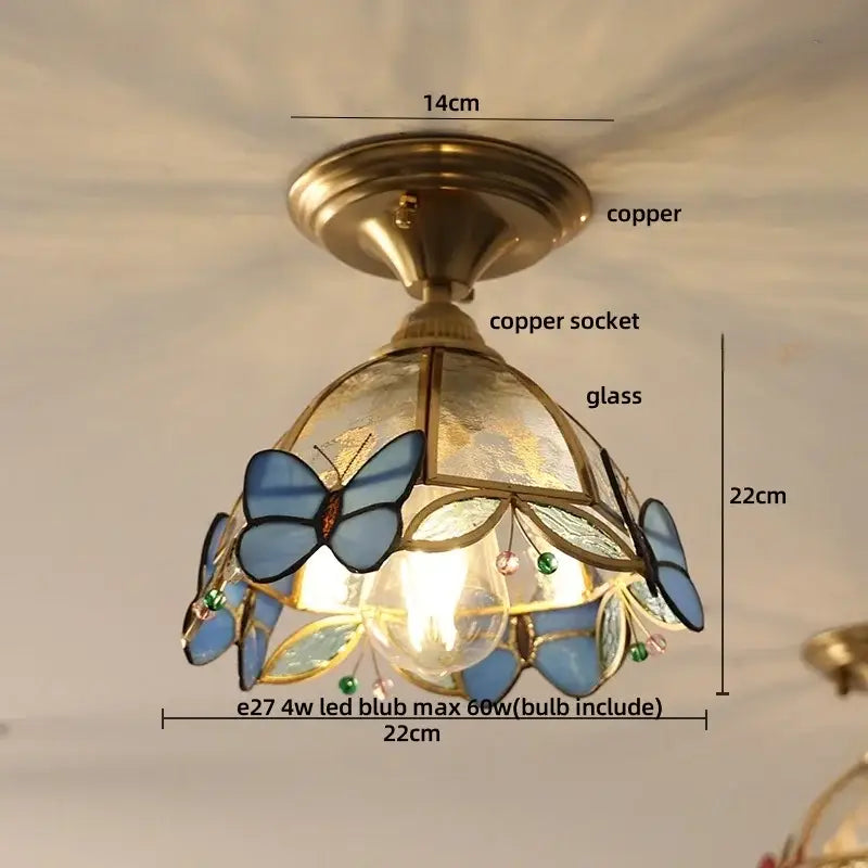 Brass red butterfly glass led ceiling light bedroom decor