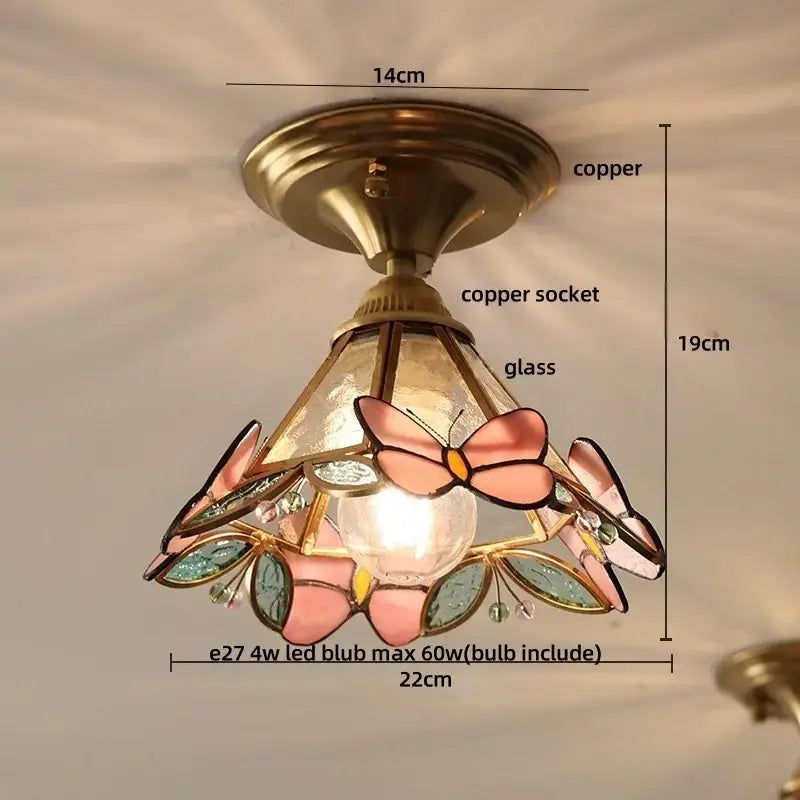 Brass red butterfly glass led ceiling light bedroom decor
