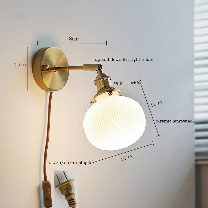 Brass ribbed ceramic led wall sconce lamp for bedroom mirror lighting