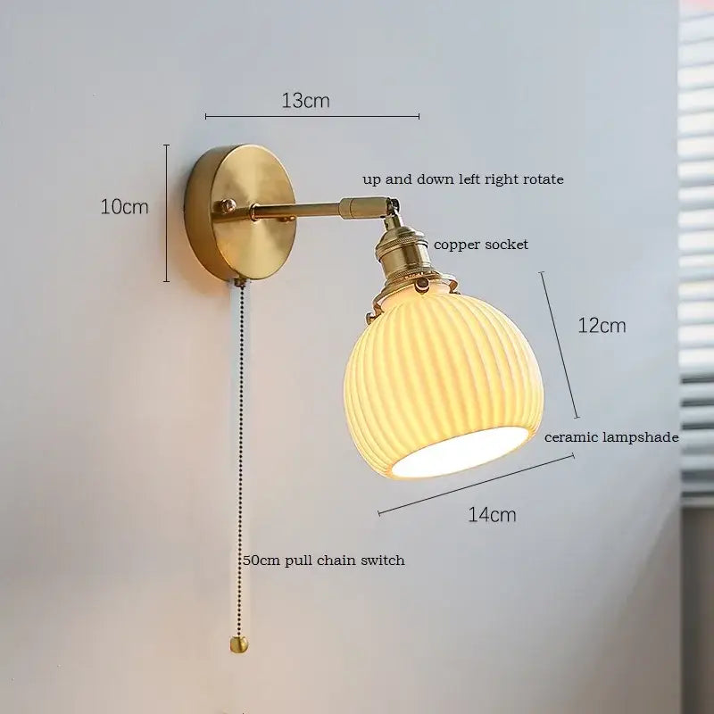 Brass ribbed ceramic led wall sconce lamp for bedroom mirror lighting