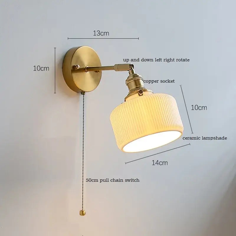 Brass ribbed ceramic led wall sconce lamp for bedroom mirror lighting