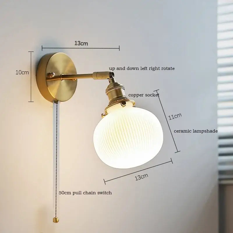 Brass ribbed ceramic led wall sconce lamp for bedroom mirror lighting