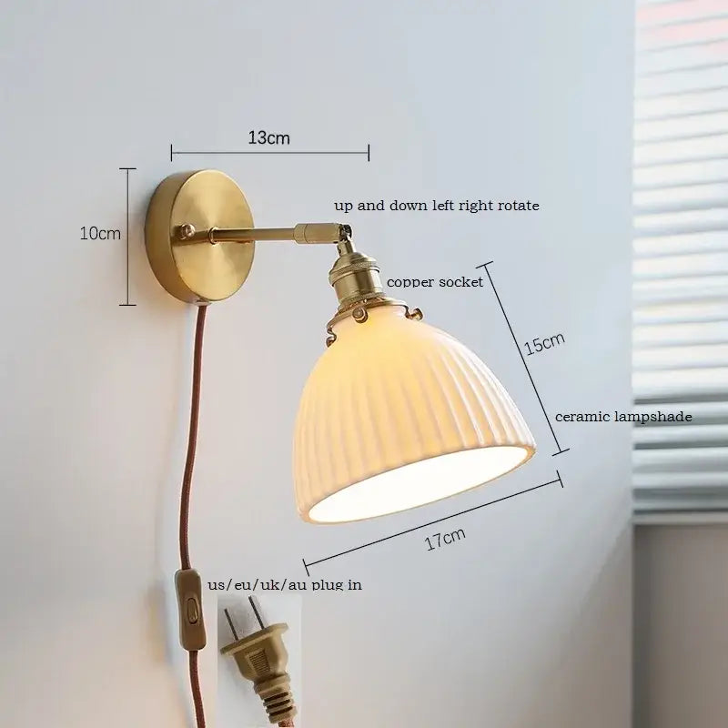 Brass ribbed decorbites ceramic wall sconce with iron arm bedroom light