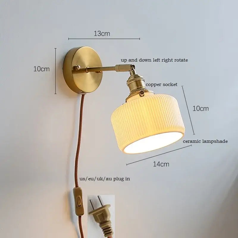 Brass ribbed decorbites ceramic wall sconce with iron arm bedroom light