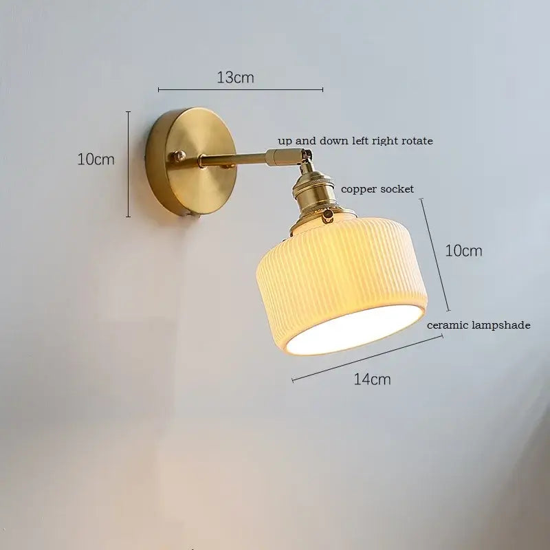 Brass ribbed decorbites ceramic wall sconce with iron arm bedroom light