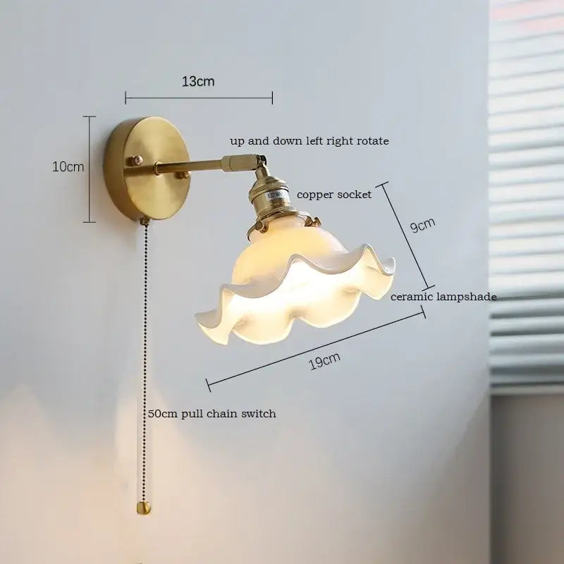 Brass ribbed decorbites ceramic wall sconce with iron arm bedroom light