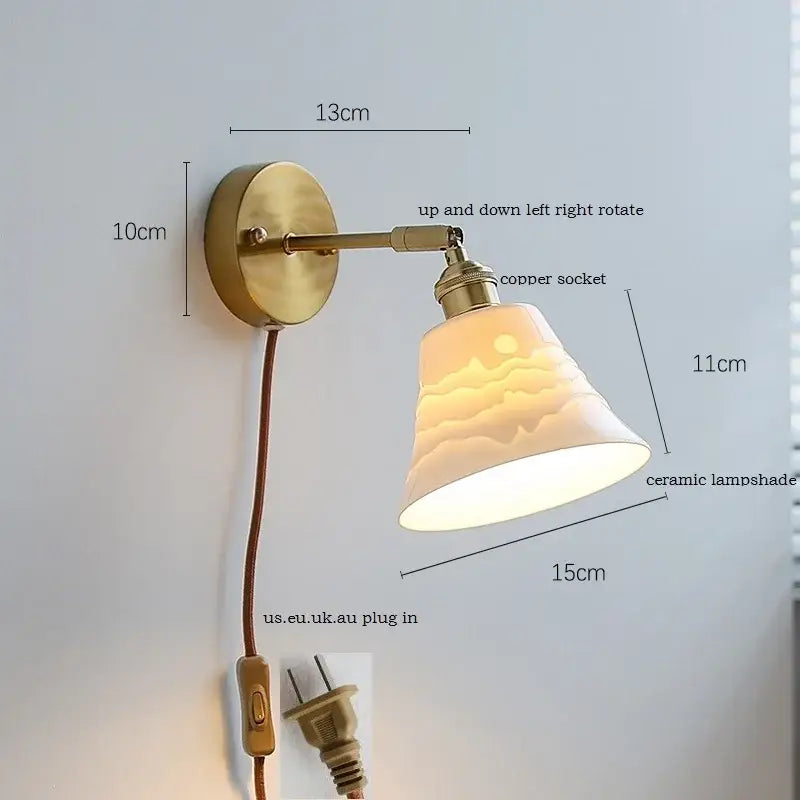 Brass ribbed decorbites ceramic wall sconce with iron arm bedroom light