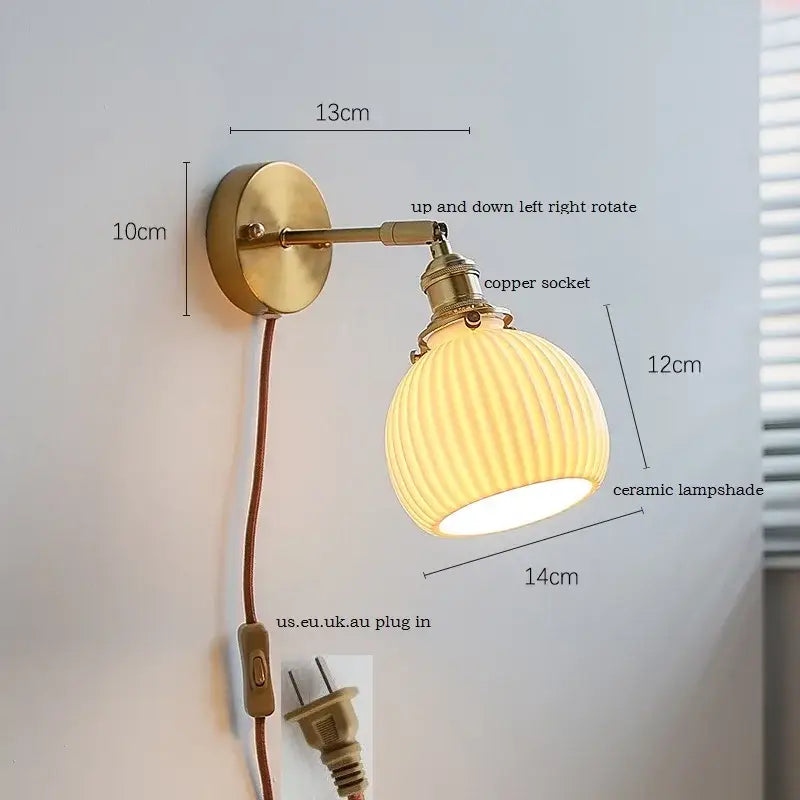 Brass ribbed decorbites ceramic wall sconce with iron arm bedroom light