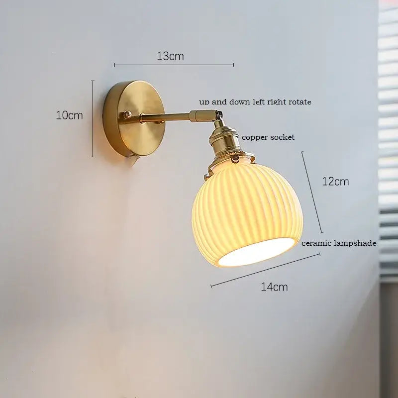 Brass ribbed decorbites ceramic wall sconce with iron arm bedroom light