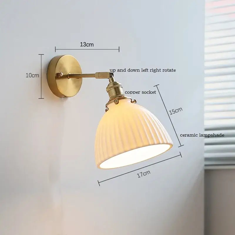 Brass ribbed decorbites ceramic wall sconce with iron arm bedroom light