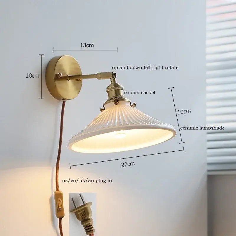Brass ribbed decorbites ceramic wall sconce with iron arm bedroom light