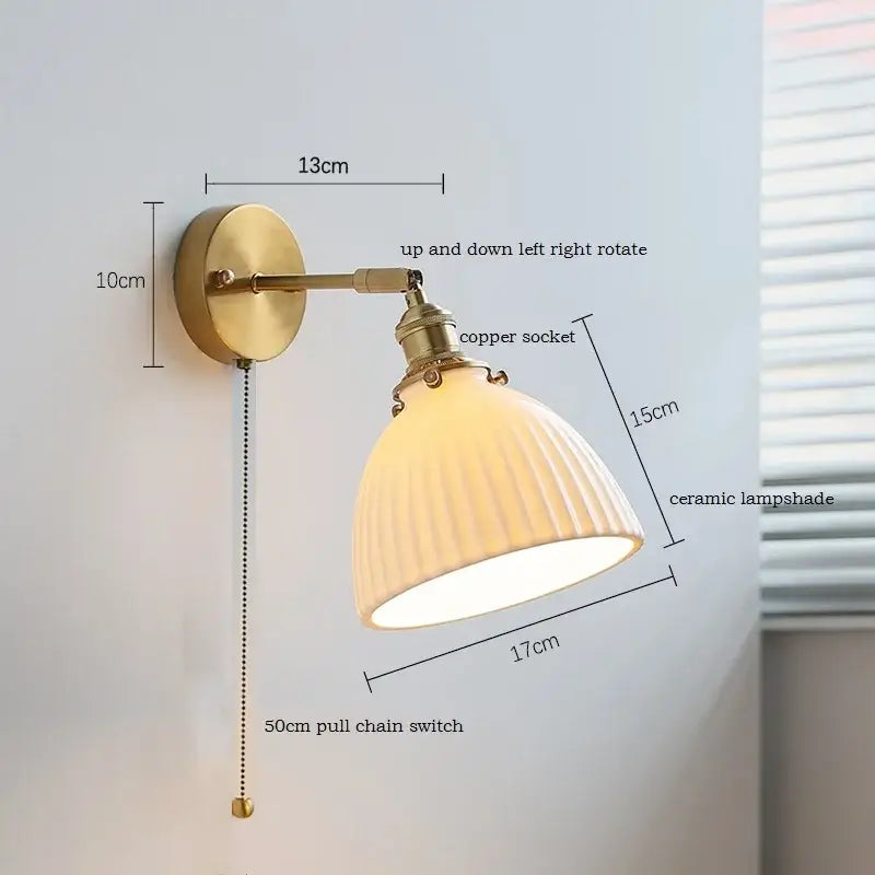 Brass ribbed decorbites ceramic wall sconce with iron arm bedroom light