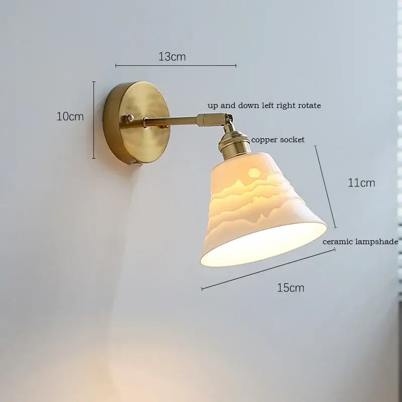 Brass ribbed decorbites ceramic wall sconce with iron arm bedroom light