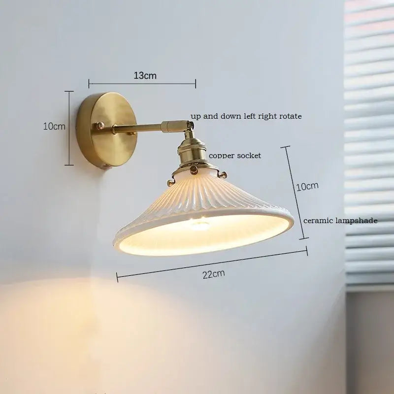 Brass ribbed decorbites ceramic wall sconce with iron arm bedroom light