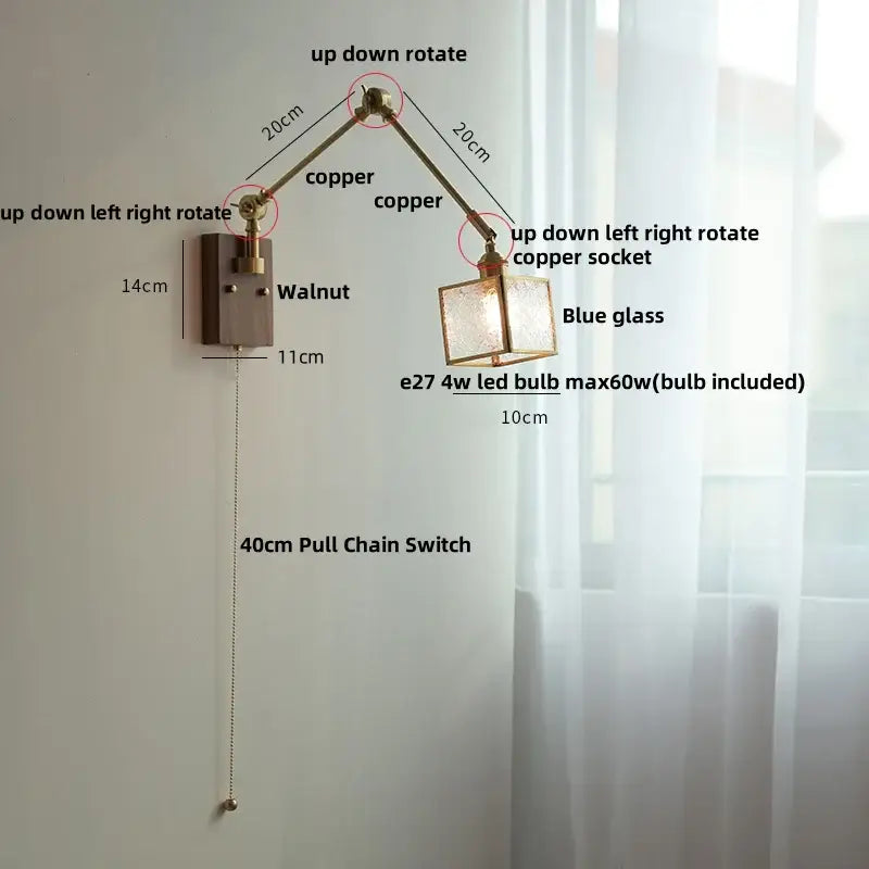 Brass walnut led wall lamp rotatable glass hallway light