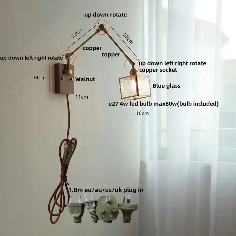 Brass walnut led wall lamp rotatable glass hallway light