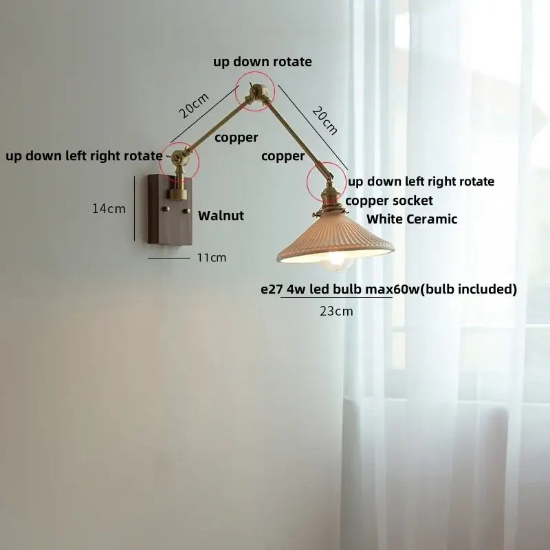 Brass walnut wall light with ribbed glass shade for bedroom