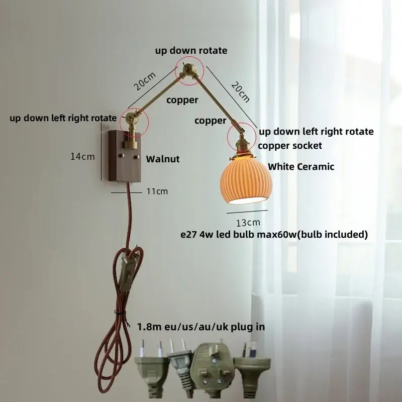 Brass walnut wall light with ribbed glass shade for bedroom