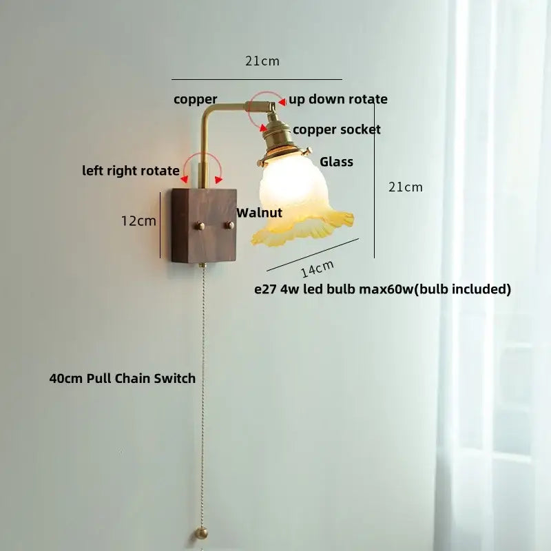 Brass walnut wood wall sconce bedroom flower glass light