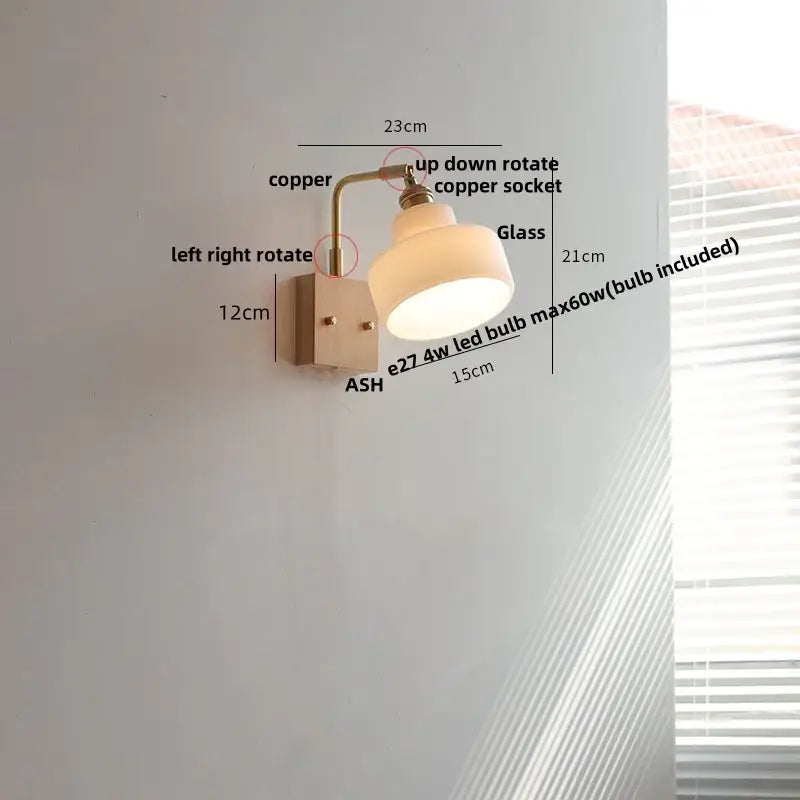 Brass walnut wood wall sconce bedroom flower glass light
